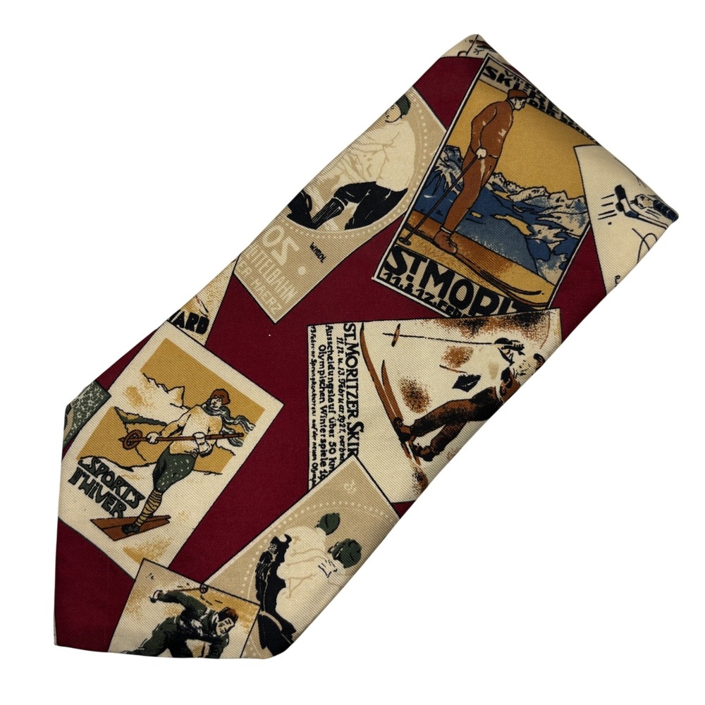 Hathaway Silk Tie Mens Necktie Burgundy Vintage Ski Poster Winter Sport Print‎
